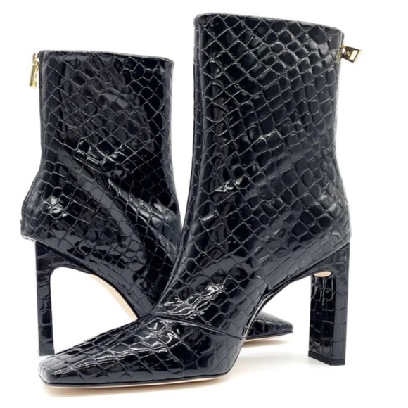 GOOD AMERICAN Black Croc Embossed Square Heel Boots NEW - Picture 2 of 10